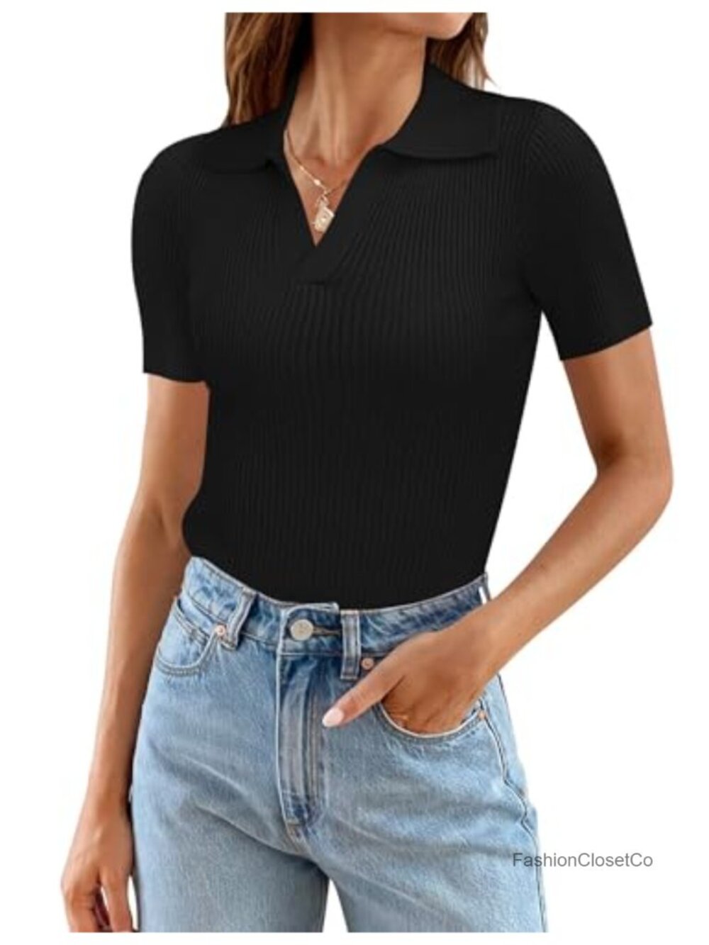 Women's Short Sleeve V-Neck Sweater Slim Fit Ribbed Knit Lightweight Tunic